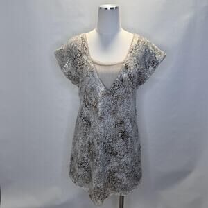 Free People Dress Womens XS Silver Sequin Mesh V Neck Open Back Mini Party Shift